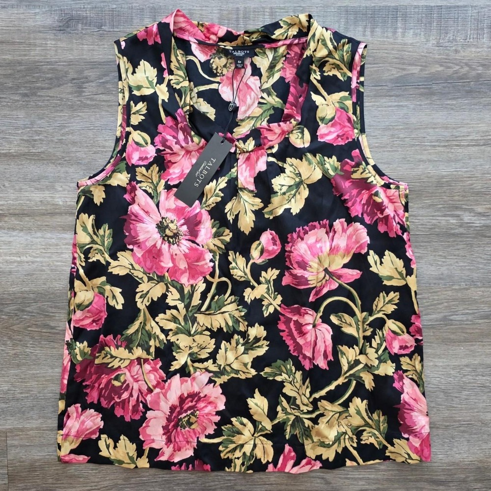 Talbots Vintage Silk Cotton Floral Sleeveless Drape Neck Blouse Pink Black 6P